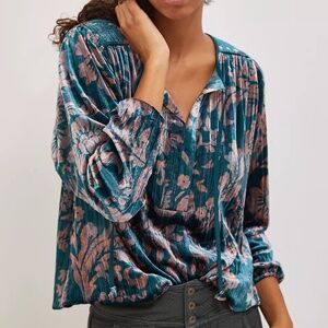 ANTHROPOLOGIE Faustine Velvet Floral Peasant Blouse Small Teal Oversized